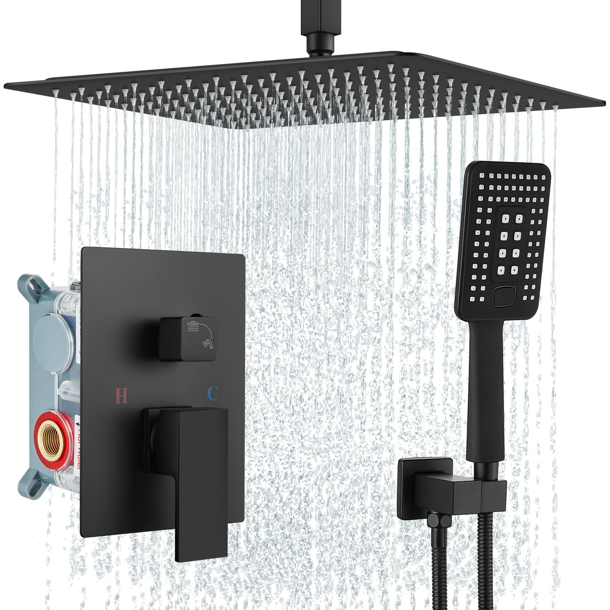 Aolemi Matte Black Shower System Ceiling Mount 16 Inch Rain Shower Hea