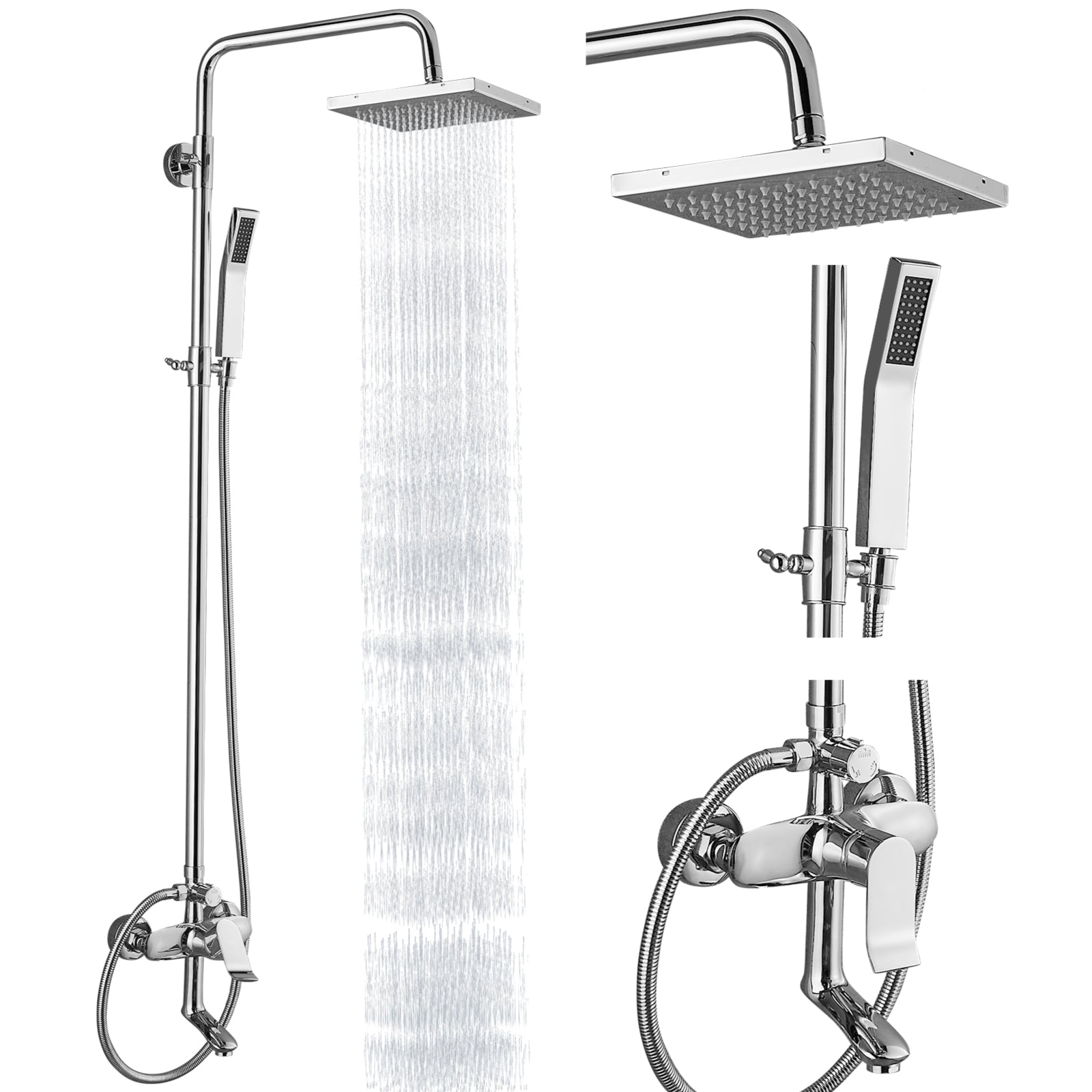 Bathroom Bath Shower Set Mixer Faucet Rotate Tub Spout Chrome Wall Mount 8  Rainfall Shower Head With Handshower 2 Ways Spout