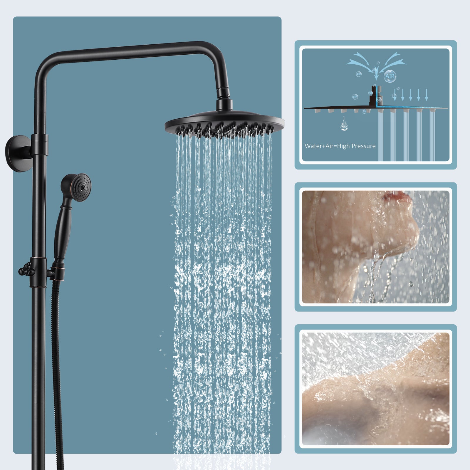 Aolemi 3 Center Brushed Nickel Wall Mount Outdoor Shower Set with  Adjustable Slide Bar Exposed Shower Faucet with Overhead Shower Faucet