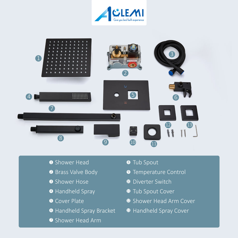 TRUSTMI Duschsystem – 12 Zoll Regenduschkopf & Handbrause Set In Mattschwarz – Messing, Mit Grobventil