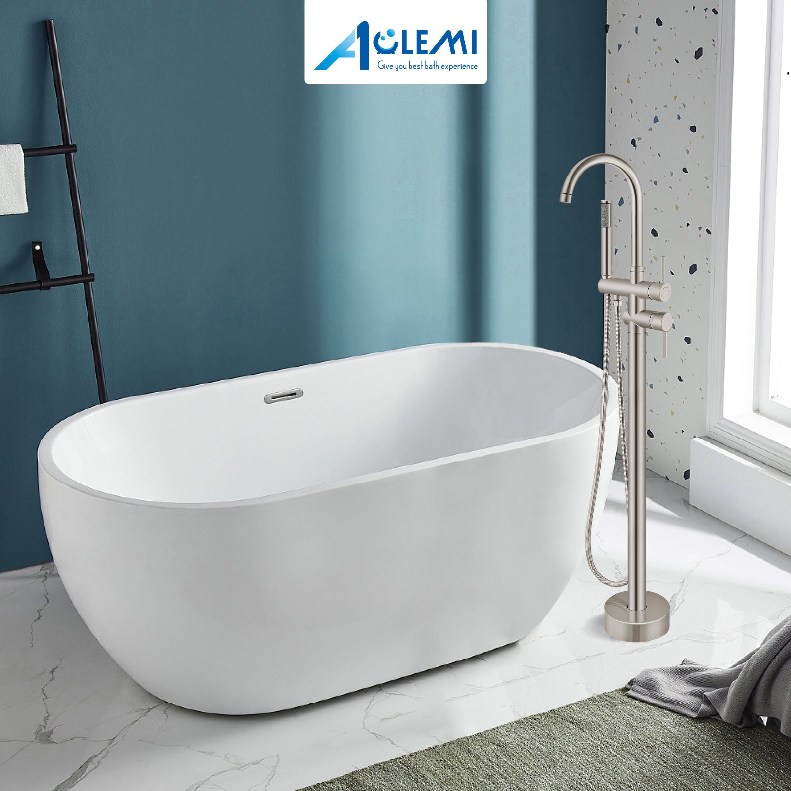 Aolemi Floor Mount Bathtub Faucet – Freestanding Tub Filler With Handheld Shower, Polish Chrome, Brass Construction