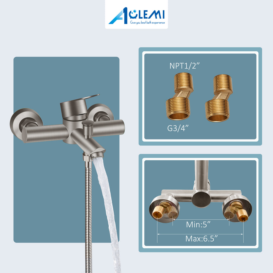 Aolemi Brushed Nickel Wall Mount Bathtub Faucet With Handheld Shower